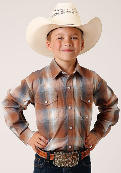 Roper Boys Long Sleeve Shirt - Copper Ombre Plaid