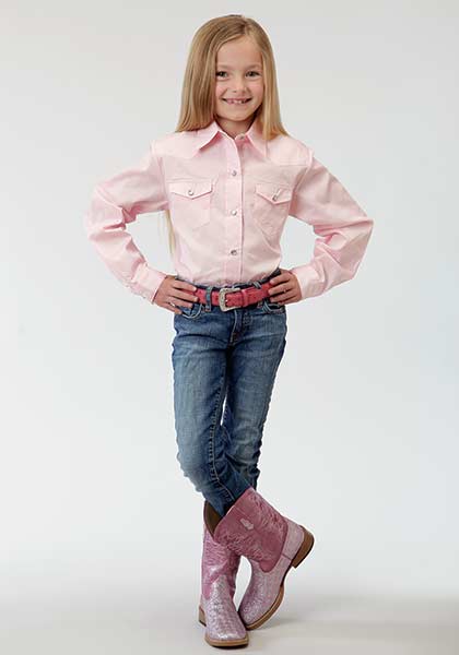 Roper Girls Long Sleeve Shirt - Solid Poplin Western Snap