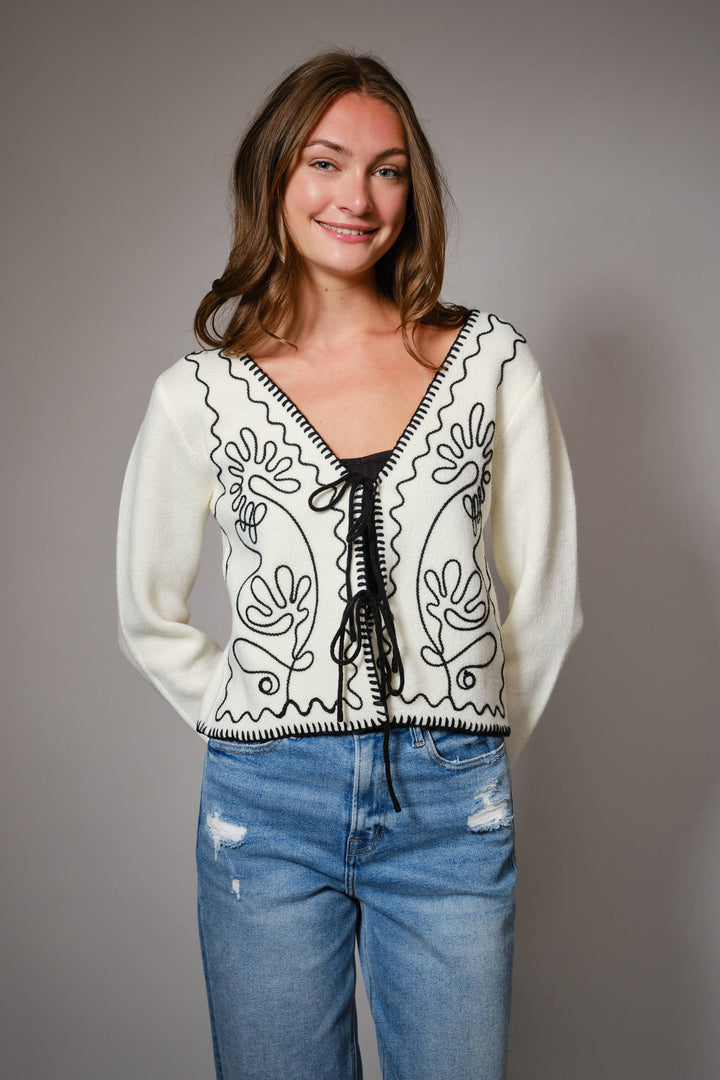 91601J Embroidered Front Tie Long Sleeve Cardigan