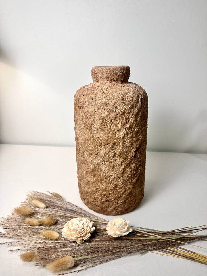 Rustic Minimalist Textured Hand-Painted Ceramic Vase 12" - Espresso Brown