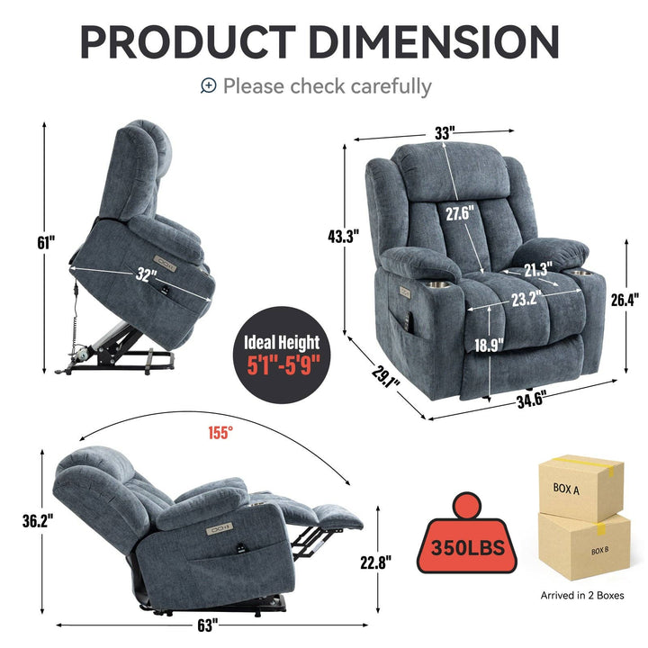 Up To 350 Lbs Chenille Power Lift Recliner Chair, Heavy Duty Motion Mechanism With 8 Point Vibration Massage And Lumbar Heating, Usb And Type C Ports, Stainless Steel Cup Holders, Blue White Metal