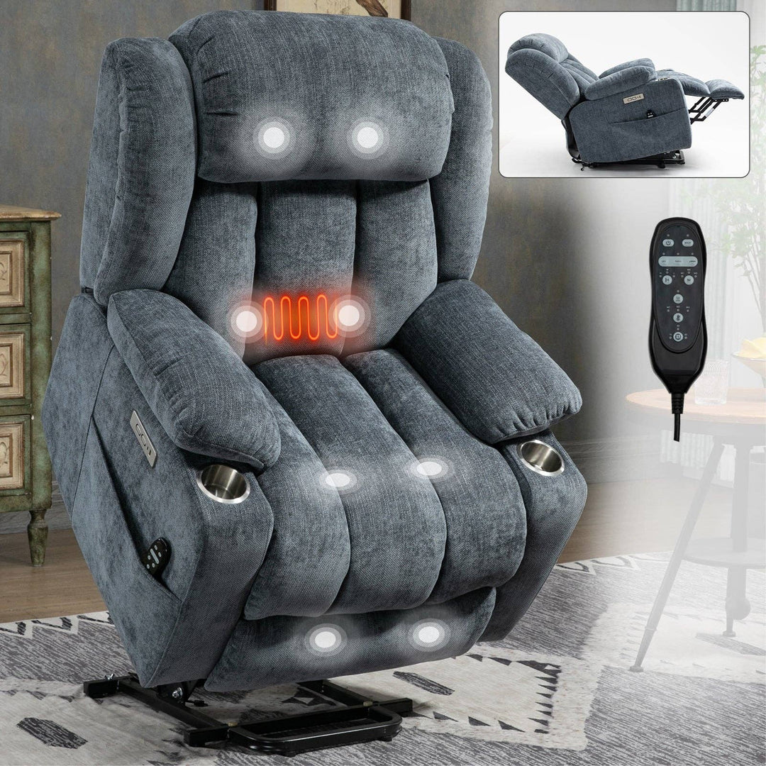 Up To 350 Lbs Chenille Power Lift Recliner Chair, Heavy Duty Motion Mechanism With 8 Point Vibration Massage And Lumbar Heating, Usb And Type C Ports, Stainless Steel Cup Holders, Blue White Metal