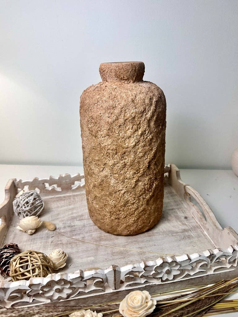 Rustic Minimalist Textured Hand-Painted Ceramic Vase 12" - Espresso Brown