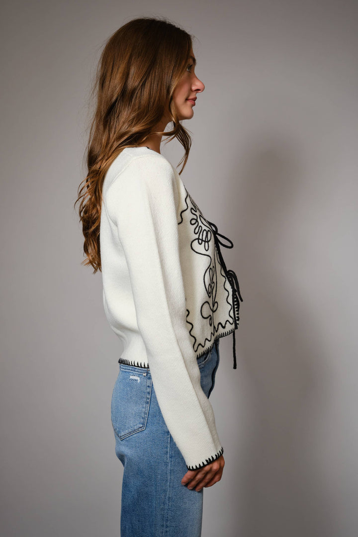 91601J Embroidered Front Tie Long Sleeve Cardigan