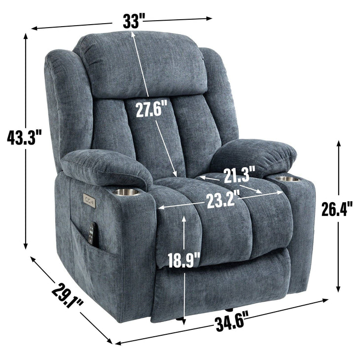 Up To 350 Lbs Chenille Power Lift Recliner Chair, Heavy Duty Motion Mechanism With 8 Point Vibration Massage And Lumbar Heating, Usb And Type C Ports, Stainless Steel Cup Holders, Blue White Metal