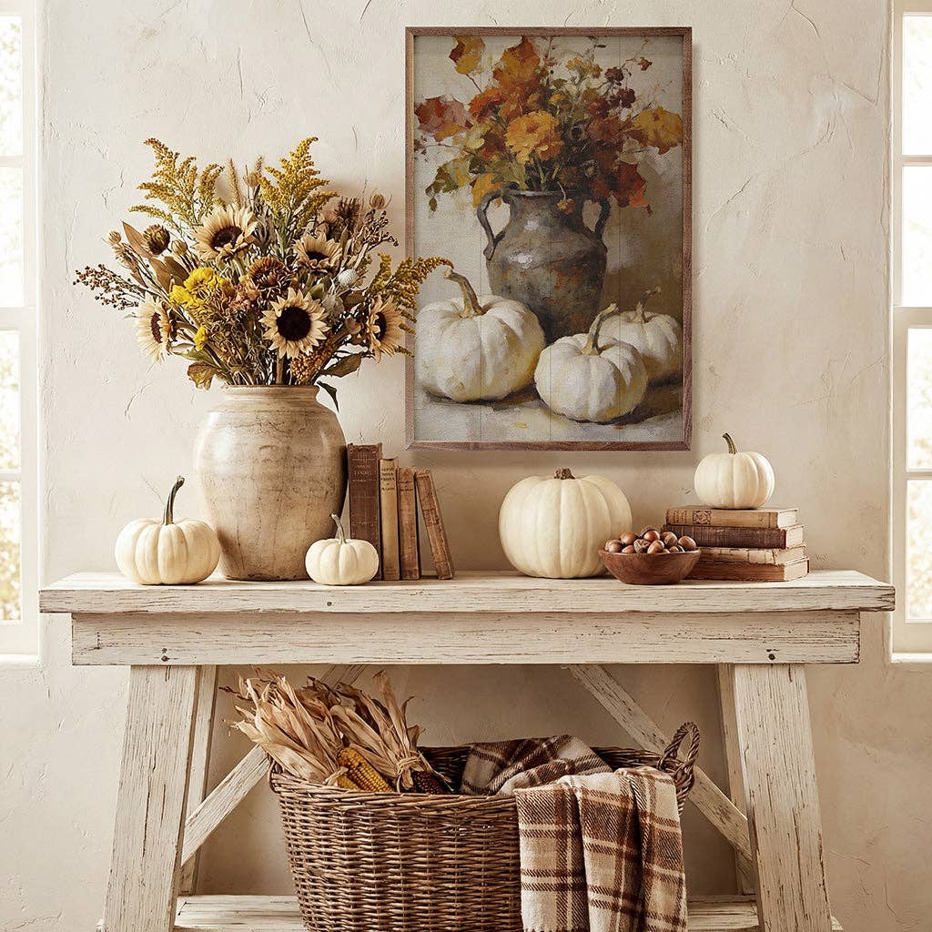 Autumn Floral And White Pumpkin Arrangement