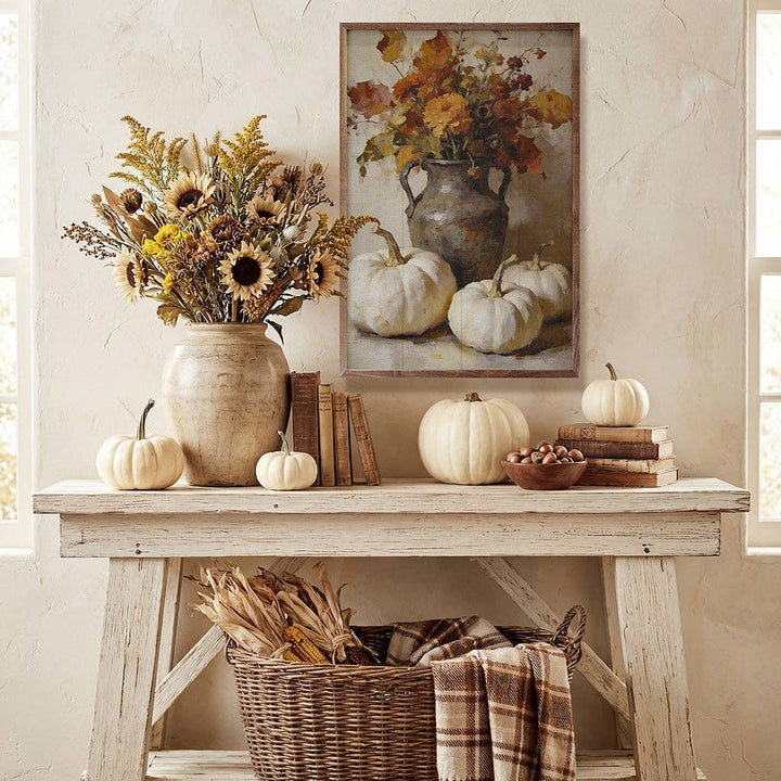 Autumn Floral And White Pumpkin Arrangement