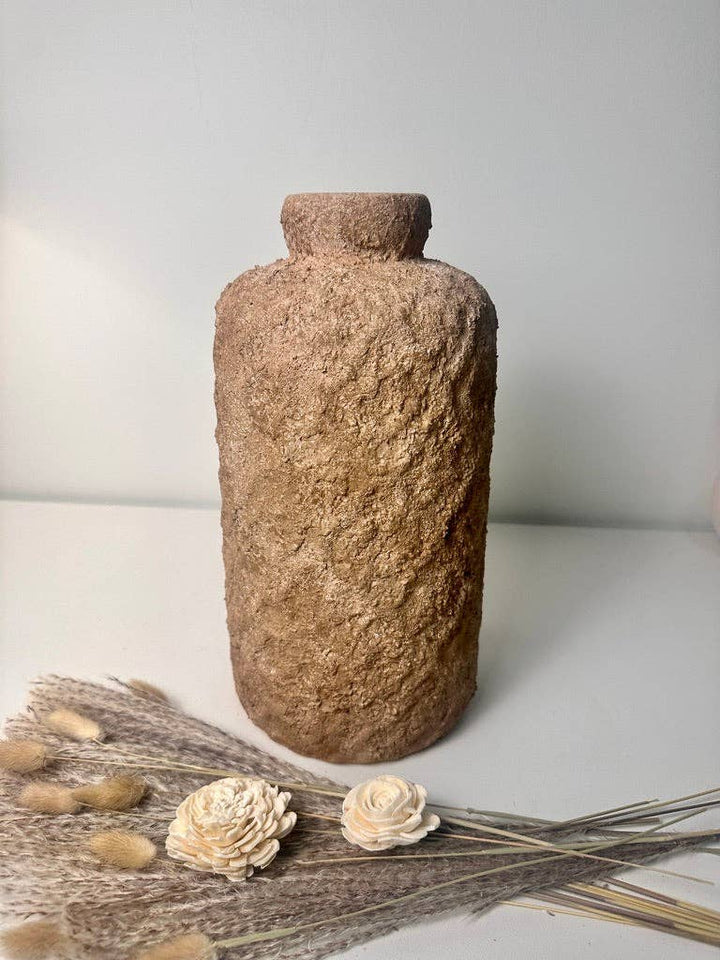 Rustic Minimalist Textured Hand-Painted Ceramic Vase 12" - Espresso Brown