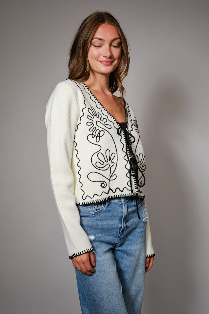 91601J Embroidered Front Tie Long Sleeve Cardigan