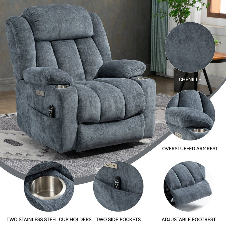Up To 350 Lbs Chenille Power Lift Recliner Chair, Heavy Duty Motion Mechanism With 8 Point Vibration Massage And Lumbar Heating, Usb And Type C Ports, Stainless Steel Cup Holders, Blue White Metal