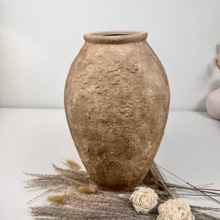 Rustic Hand-Painted Textured Vase 14" - Earth Brown