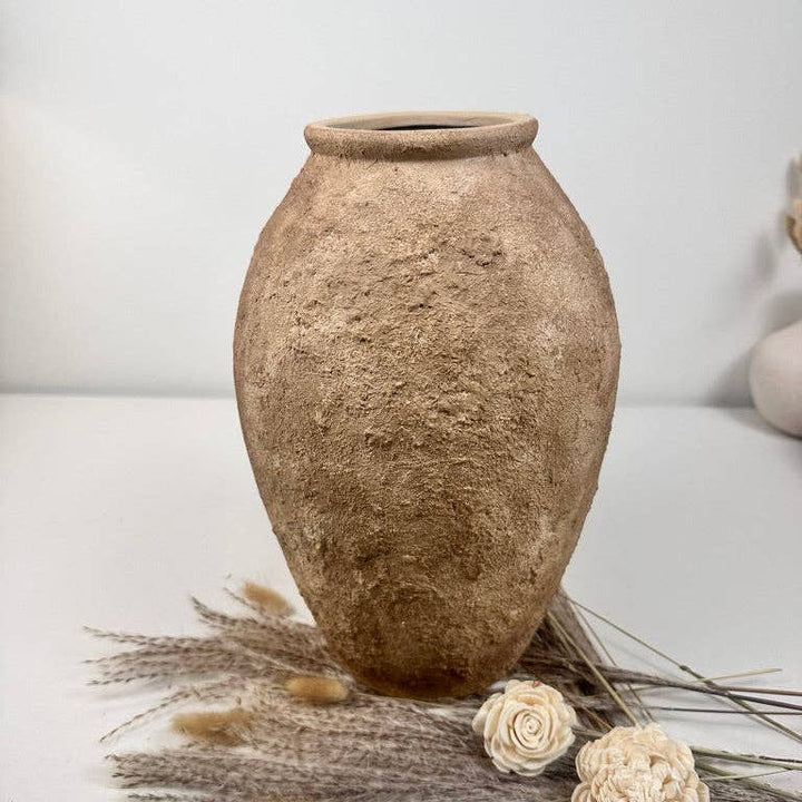 Rustic Hand-Painted Textured Vase 14" - Earth Brown