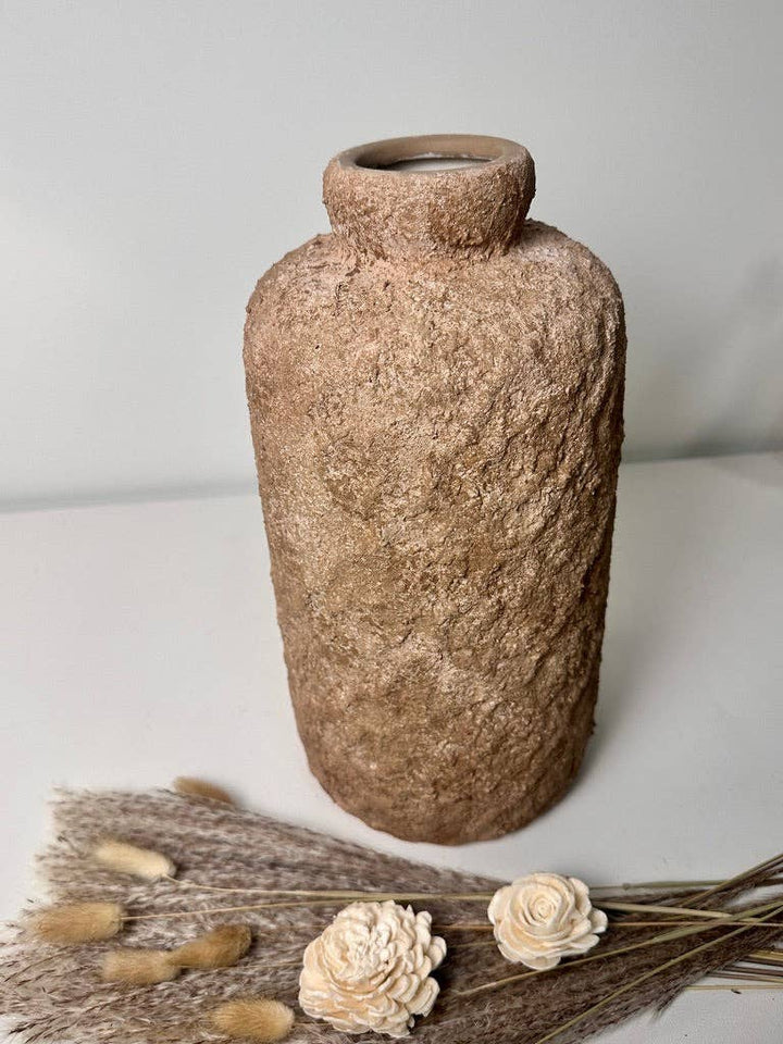 Rustic Minimalist Textured Hand-Painted Ceramic Vase 12" - Espresso Brown