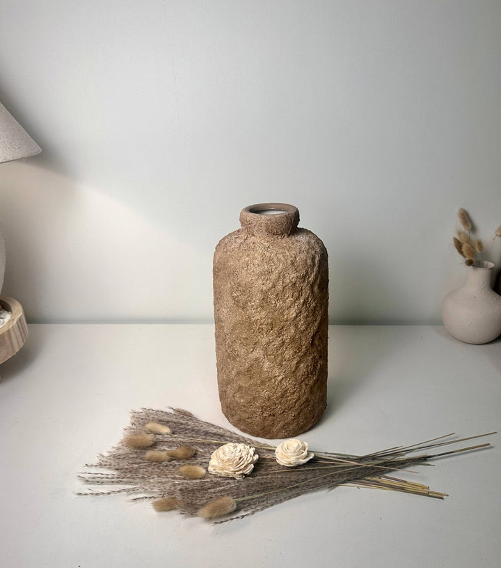 Rustic Minimalist Textured Hand-Painted Ceramic Vase 12" - Espresso Brown