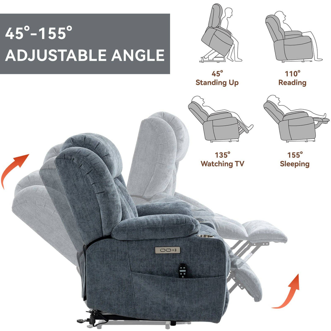 Up To 350 Lbs Chenille Power Lift Recliner Chair, Heavy Duty Motion Mechanism With 8 Point Vibration Massage And Lumbar Heating, Usb And Type C Ports, Stainless Steel Cup Holders, Blue White Metal