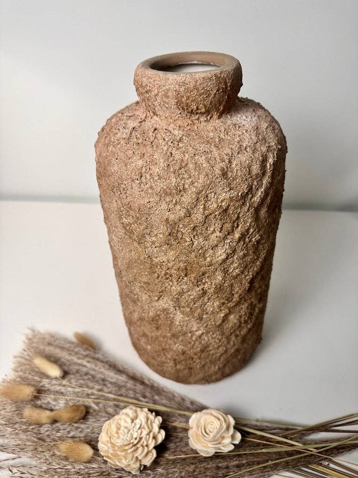 Rustic Minimalist Textured Hand-Painted Ceramic Vase 12" - Espresso Brown