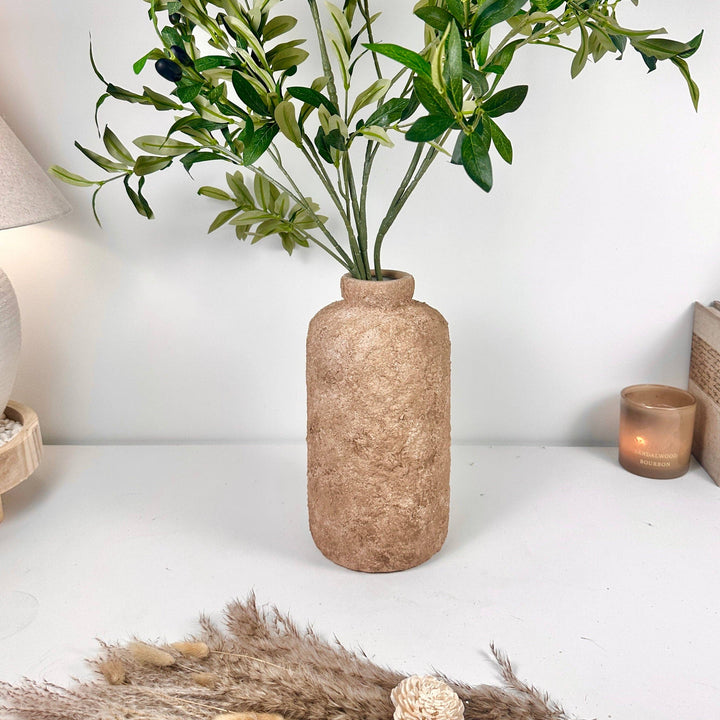 Rustic Minimalist Textured Hand-Painted Ceramic Vase 12" - Espresso Brown