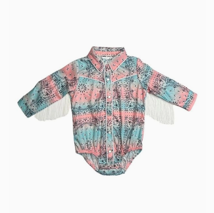 Pastel Paisley Fringe Pearl Snap Onesie