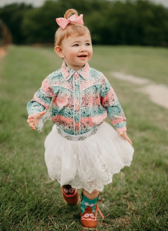 Pastel Paisley Fringe Pearl Snap Onesie