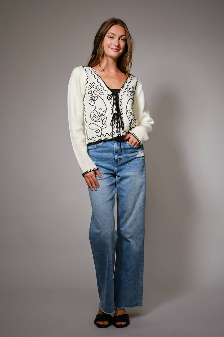 91601J Embroidered Front Tie Long Sleeve Cardigan
