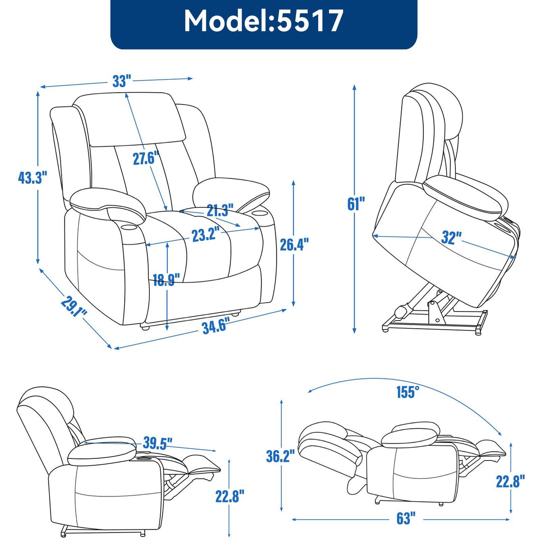Up To 350 Lbs Chenille Power Lift Recliner Chair, Heavy Duty Motion Mechanism With 8 Point Vibration Massage And Lumbar Heating, Usb And Type C Ports, Stainless Steel Cup Holders, Blue White Metal