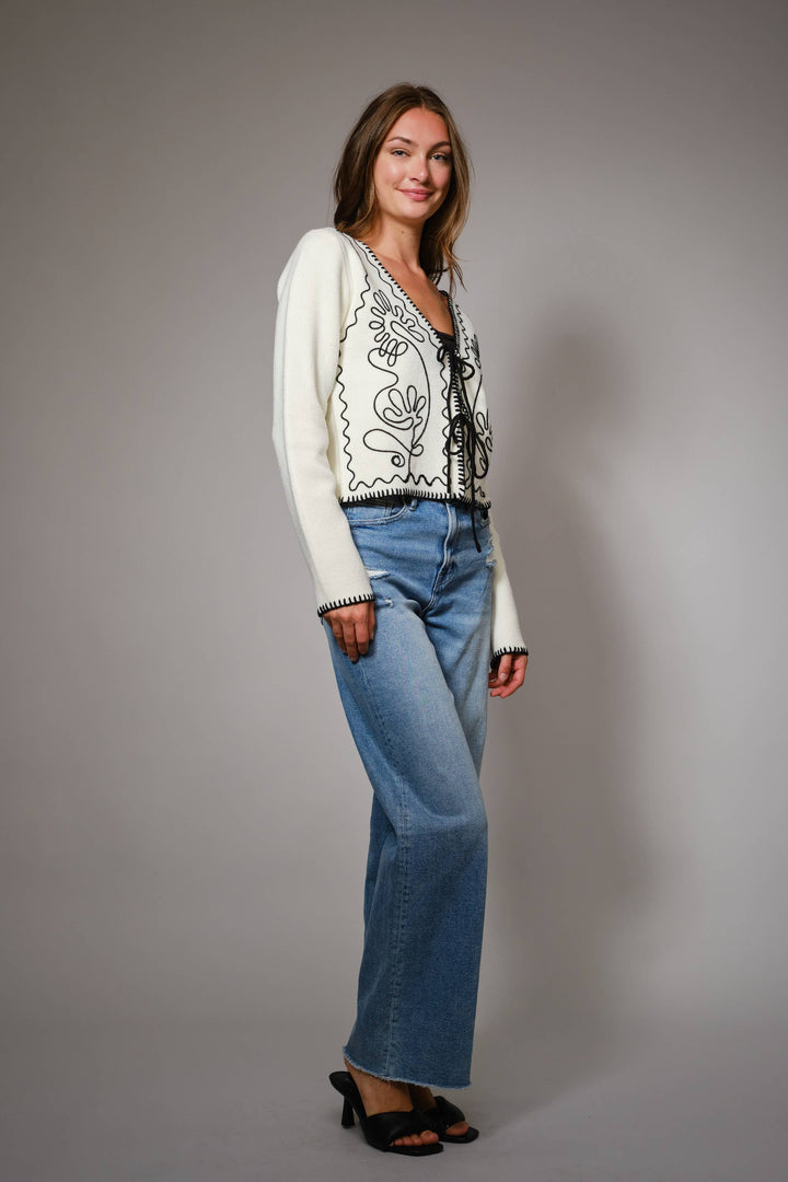 91601J Embroidered Front Tie Long Sleeve Cardigan