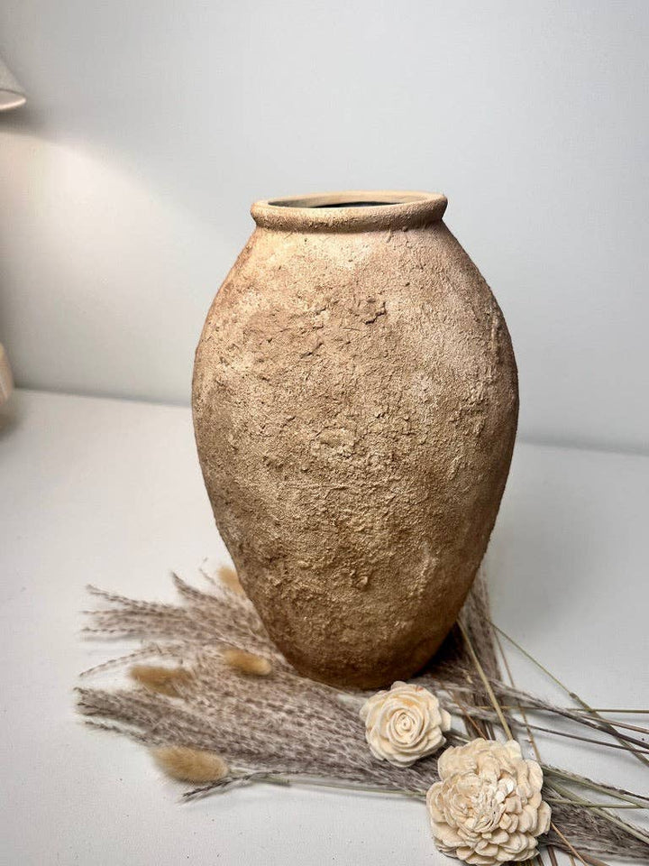 Rustic Hand-Painted Textured Vase 14" - Earth Brown