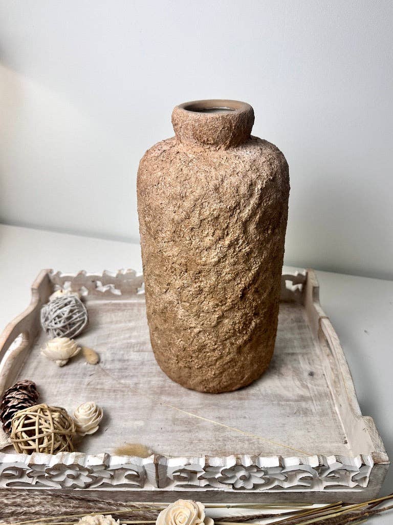 Rustic Minimalist Textured Hand-Painted Ceramic Vase 12" - Espresso Brown