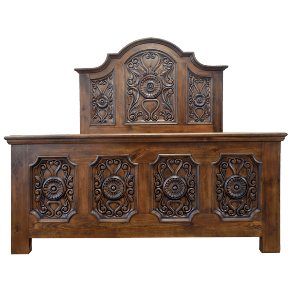 Exquisite Handcrafted Bed with Carved Floral Design and Staggered Molding