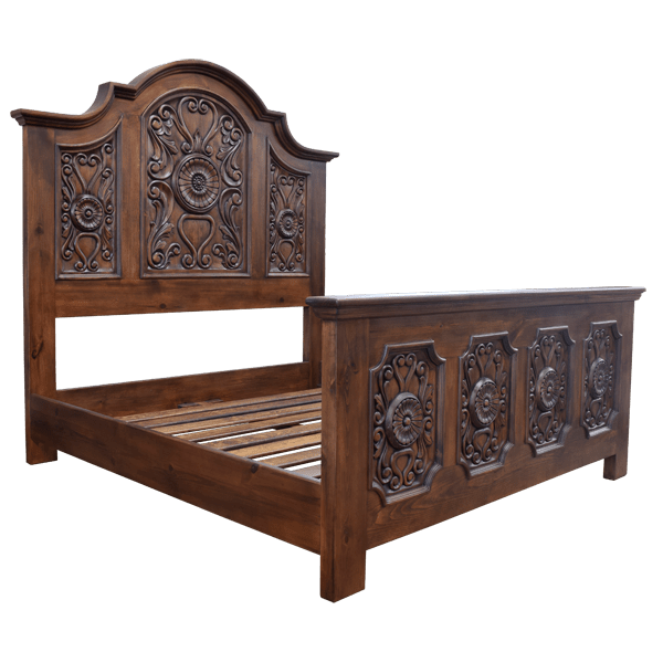 Exquisite Handcrafted Bed with Carved Floral Design and Staggered Molding