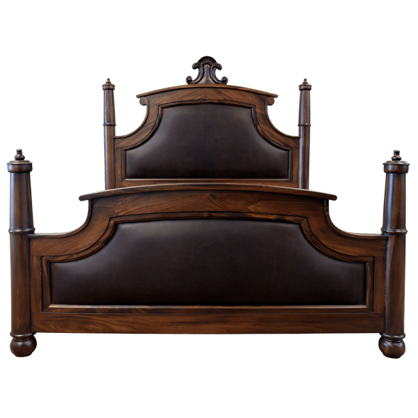 Elegant Spanish Colonial Bed with Curved Leather Panels and Carved Crest