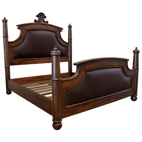 Elegant Spanish Colonial Bed with Curved Leather Panels and Carved Crest