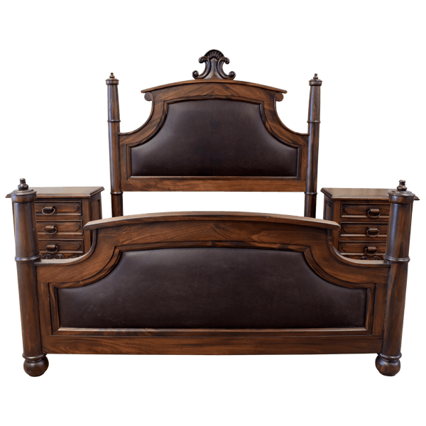 Elegant Spanish Colonial Bed with Curved Leather Panels and Carved Crest