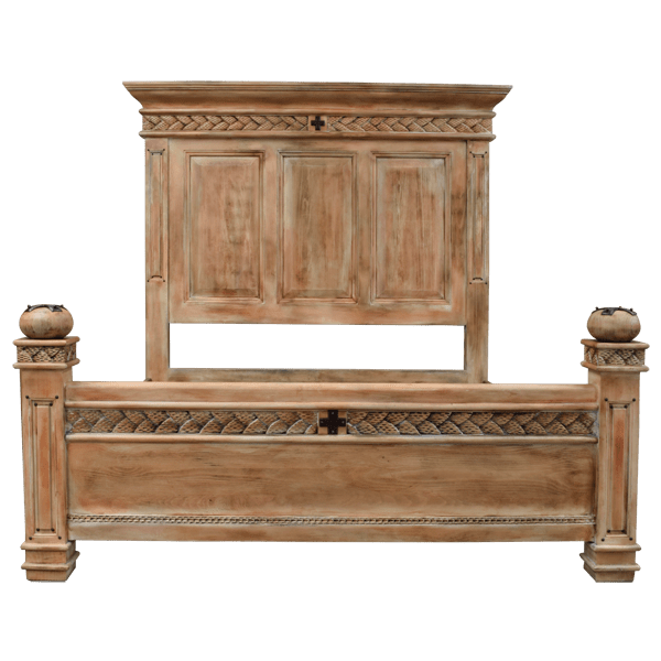 Tuscan Style Bed with Three-Panel Headboard and Handcrafted Crown Molding
