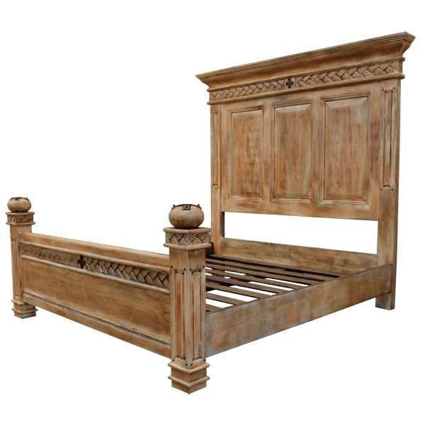Tuscan Style Bed with Three-Panel Headboard and Handcrafted Crown Molding