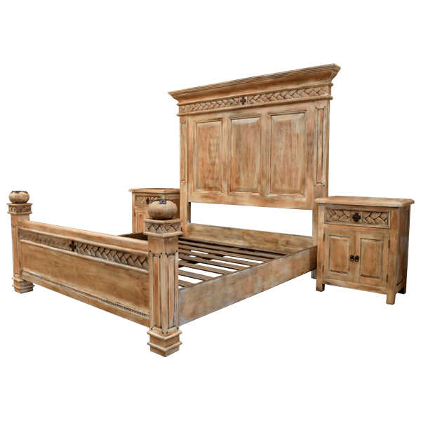 Tuscan Style Bed with Three-Panel Headboard and Handcrafted Crown Molding