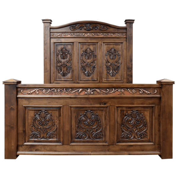 Tuscan Handcrafted Bed with Copper Accents and Intricate Medallion Carvings