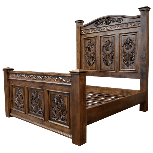 Tuscan Handcrafted Bed with Copper Accents and Intricate Medallion Carvings