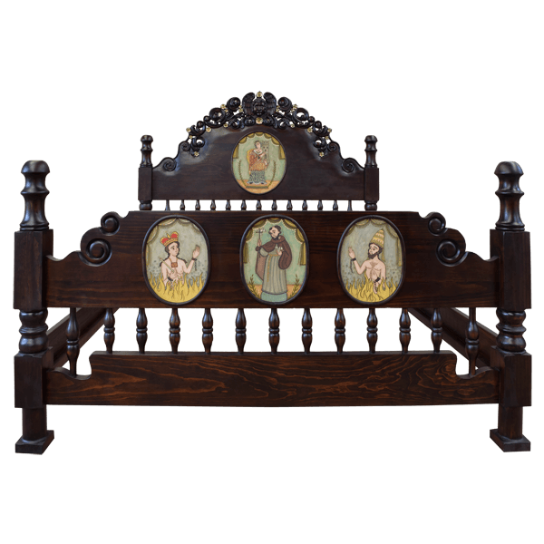 Bed with Wooden Headboard and Footboard Featuring Detailed Carvings and Elegant Paintings