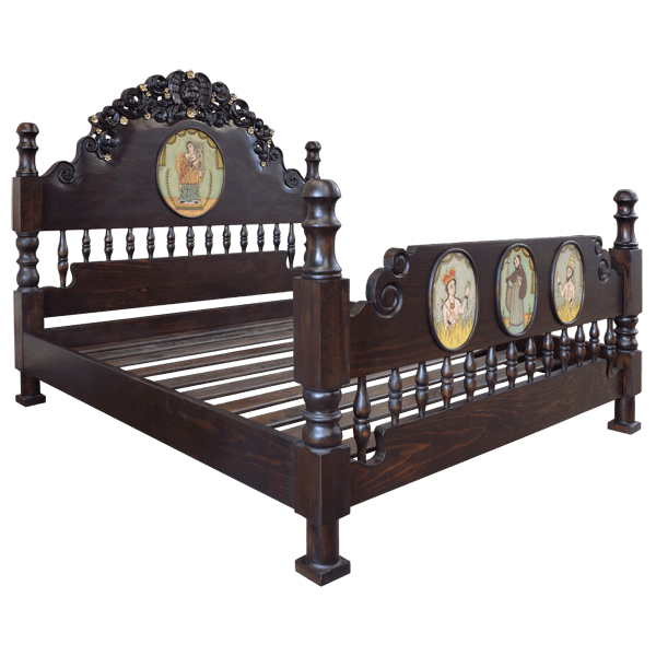 Bed with Wooden Headboard and Footboard Featuring Detailed Carvings and Elegant Paintings