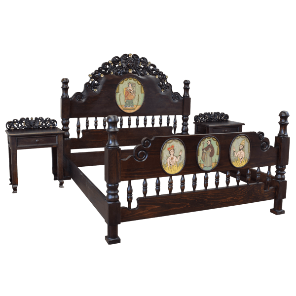 Bed with Wooden Headboard and Footboard Featuring Detailed Carvings and Elegant Paintings