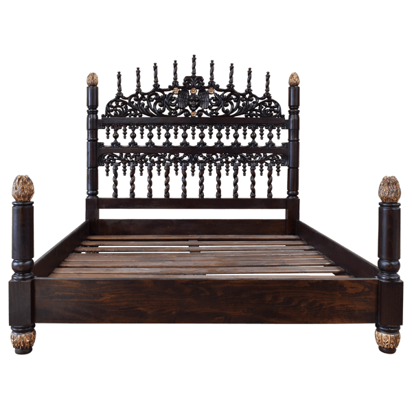 Luxurious Wooden Bed with Ornate Headboard and Decorative Finials