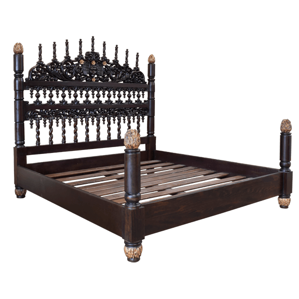 Luxurious Wooden Bed with Ornate Headboard and Decorative Finials