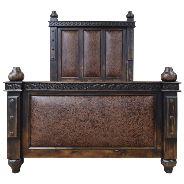 Dark Wood Bed with Carved Headboard and Refined Design