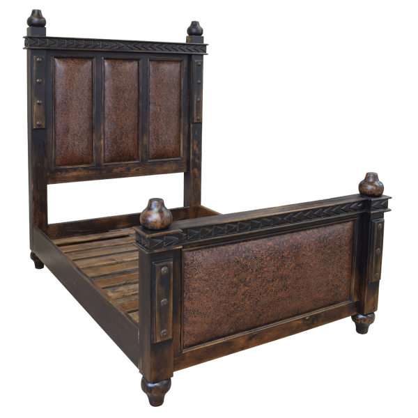 Dark Wood Bed with Carved Headboard and Refined Design