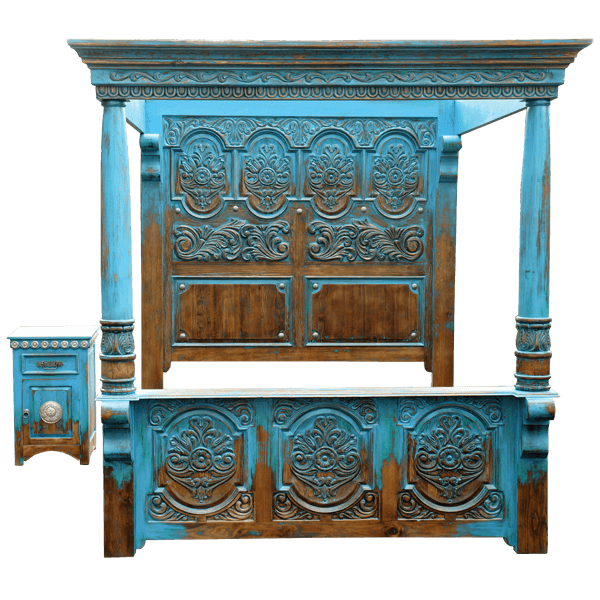 Custom Spanish Colonial Canopy Bed with Hand Carved Floral and Scroll Designs