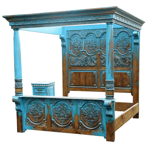 Custom Spanish Colonial Canopy Bed with Hand Carved Floral and Scroll Designs