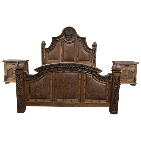 Custom Western Style Bed with Hand Carved Floral and Scroll Designs and Patterned Leather Panels