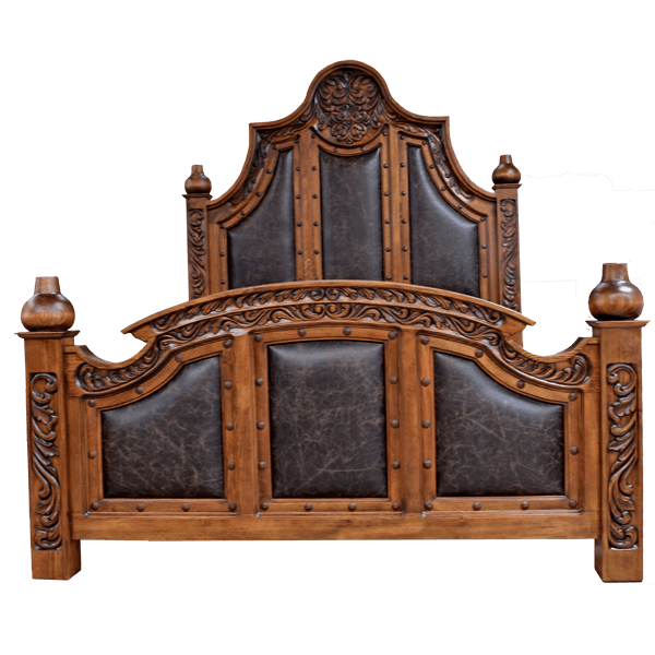 Custom Handcrafted Western Style Bed with Dark Leather Upholstery and Exquisite Hand Carved Details