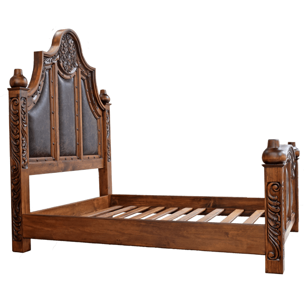 Custom Handcrafted Western Style Bed with Dark Leather Upholstery and Exquisite Hand Carved Details